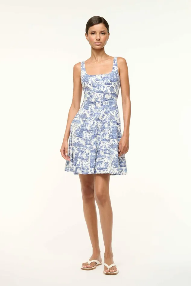 STAUD MINI WELLS DRESS Blue Toile Women Dresses