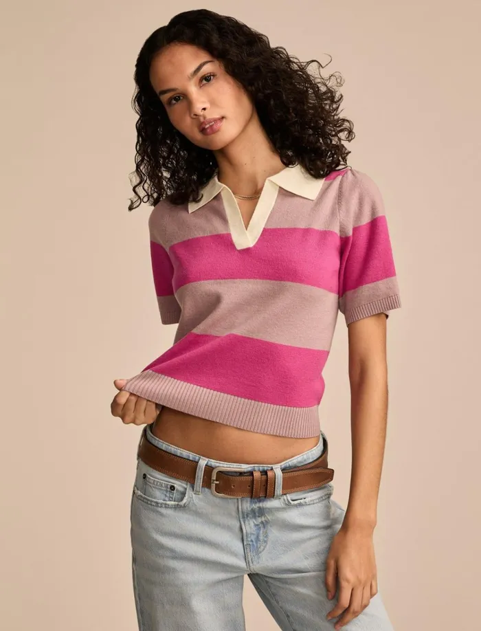 Striped Polo Short Sleeve Tee Woodrose Women Lucky Brand Sweaters and Sweatshirts Striped Polo Short Sleeve Tee Woodrose Women Lucky Brand Sweaters and Sweatshirts