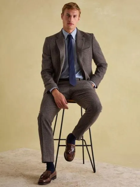 Suits and Tailoring Men Joules Brown Slim Fit Dogtooth Texture Suit Jacket
