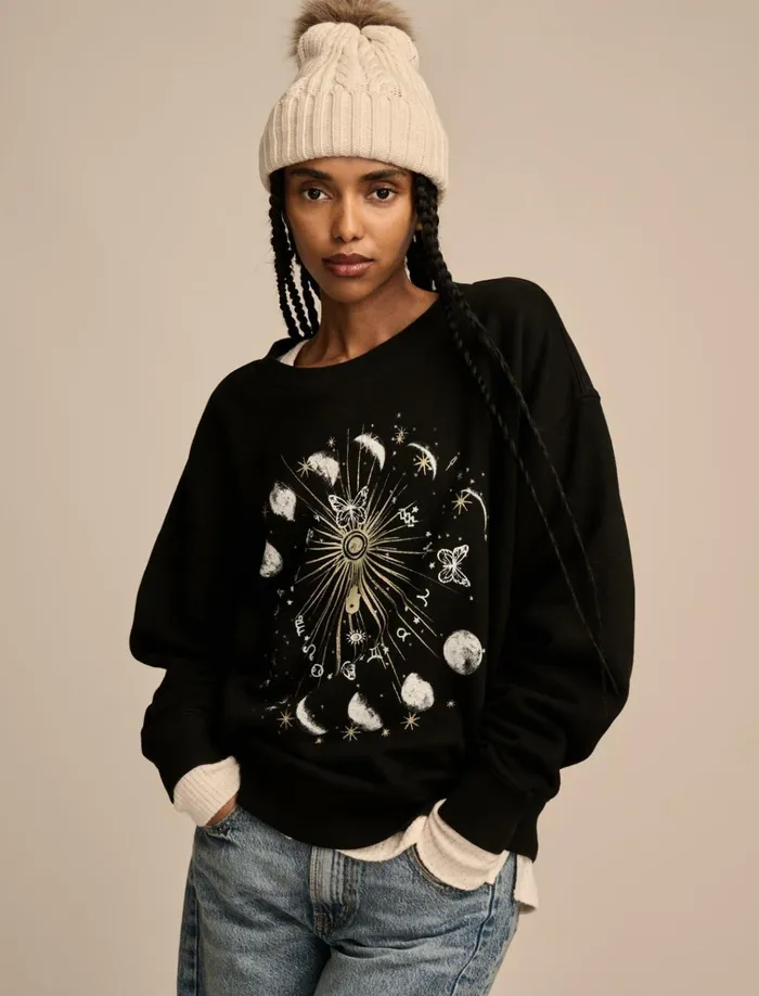 Sun And Moon Crew Neck Fleece Jet Black Women Lucky Brand Graphic Tees