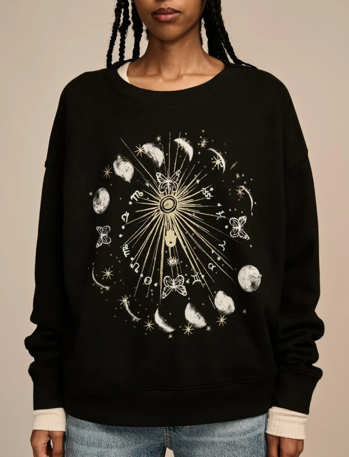 Sun And Moon Crew Neck Fleece Jet Black Women Lucky Brand Graphic Tees