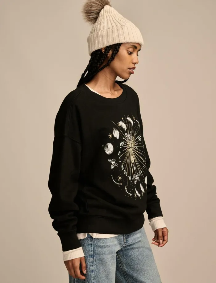Sun And Moon Crew Neck Fleece Jet Black Women Lucky Brand Graphic Tees