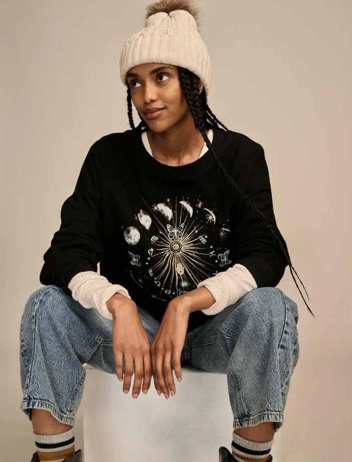 Sun And Moon Crew Neck Fleece Jet Black Women Lucky Brand Graphic Tees