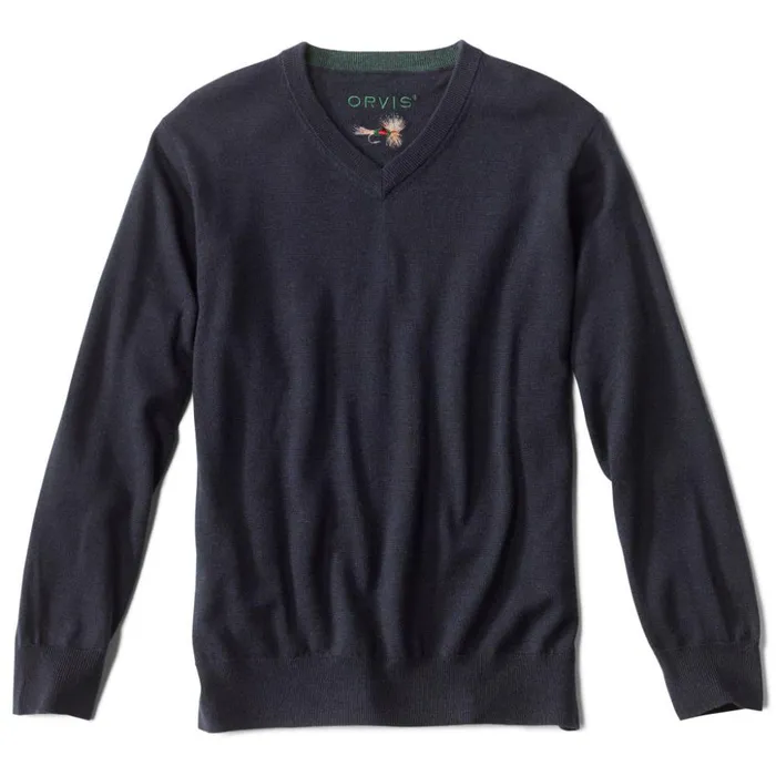 Sweaters Men Orvis Merino VNeck LongSleeved Sweater Navy
