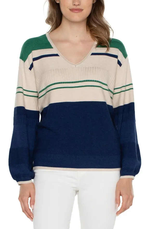 SWEATERS Women Liverpool Los Angeles VNECK BLOUSON SWEATER WITH COLOR BLOCKING Emerald Merchant Blue SWEATERS Women Liverpool Los Angeles VNECK BLOUSON SWEATER WITH COLOR BLOCKING Emerald Merchant Blue