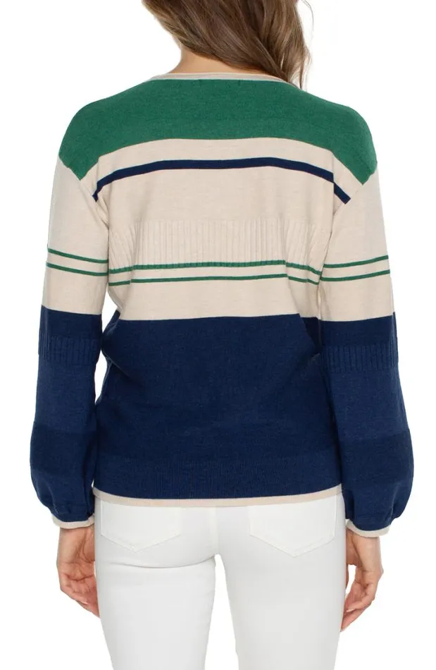 SWEATERS Women Liverpool Los Angeles VNECK BLOUSON SWEATER WITH COLOR BLOCKING Emerald Merchant Blue