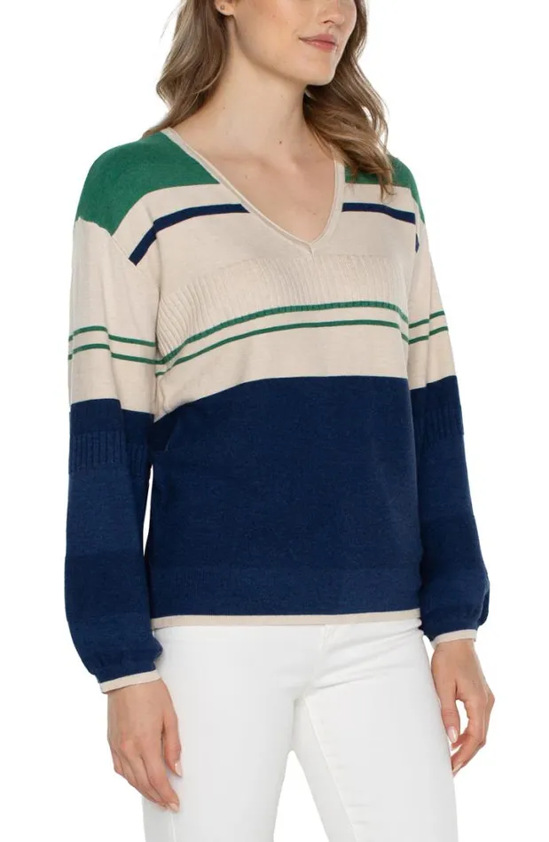 SWEATERS Women Liverpool Los Angeles VNECK BLOUSON SWEATER WITH COLOR BLOCKING Emerald Merchant Blue
