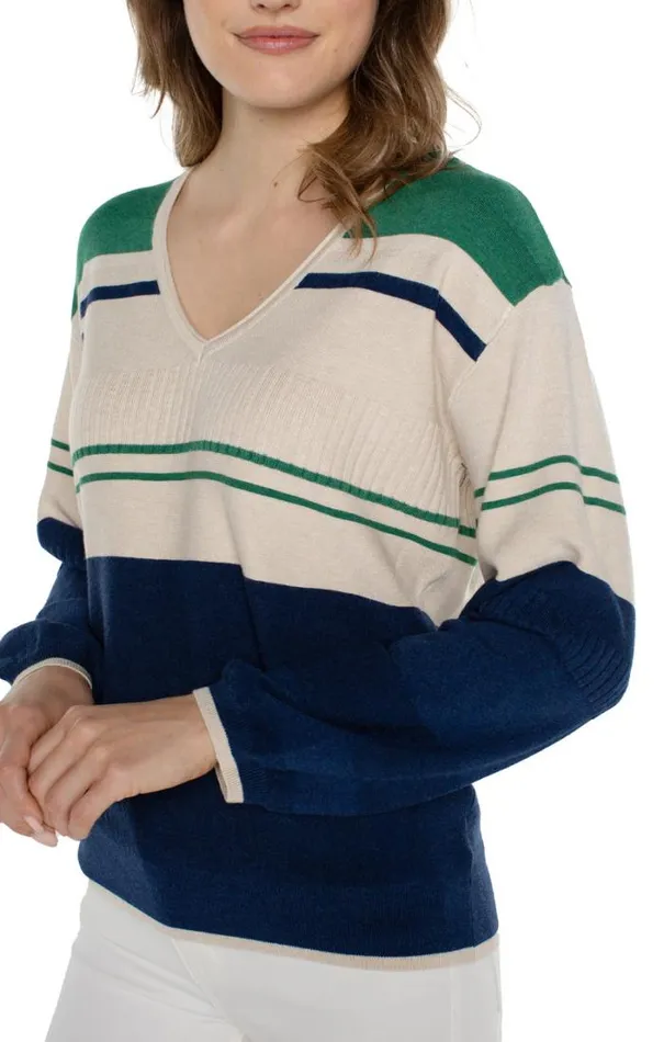 SWEATERS Women Liverpool Los Angeles VNECK BLOUSON SWEATER WITH COLOR BLOCKING Emerald Merchant Blue