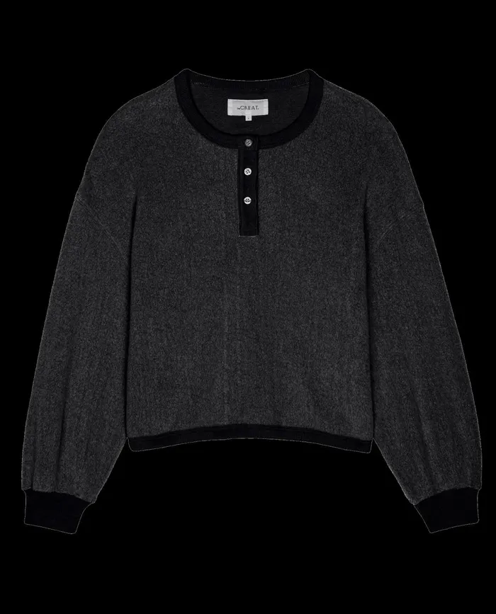 Sweaters Women The Great The Fleece Henley Sweatshirt Almost Black Sweaters Women The Great The Fleece Henley Sweatshirt Almost Black