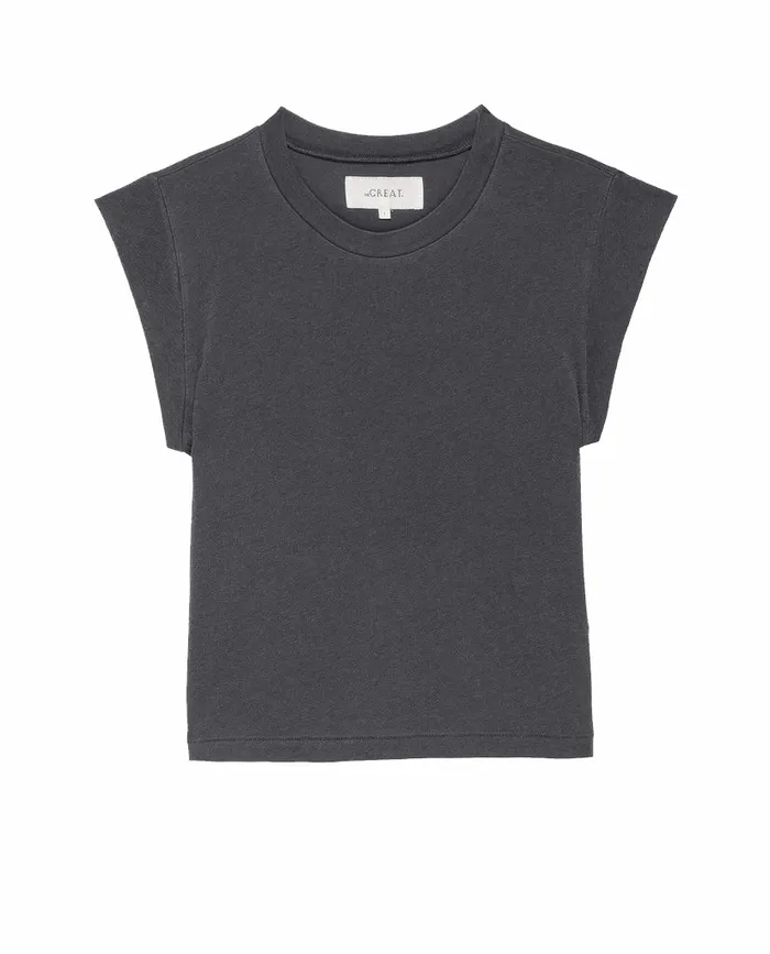 Tees Women The Great The Peak Shoulder Tee Washed Black Tees Women The Great The Peak Shoulder Tee Washed Black