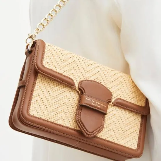 The Resort Bag Natural Chevron Raffia and Smooth Tan Women Aspinal Of London Shoulder