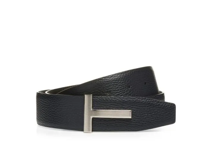 TOM FORD Belts Men GRAIN LEATHER RIDGE BUCKLE T BELT Dark Navy Black