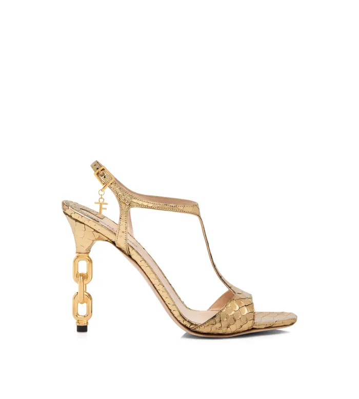 TOM FORD Sandals Women LAMINATED STAMPED PYTHON LEATHER GALAXY SANDAL Dark Gold