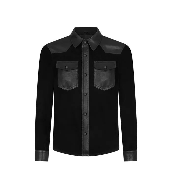 TOM FORD Shirts Men SOFT SUEDE CONTRAST WESTERN SHIRT Black