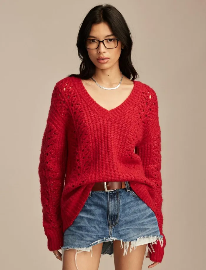 V Neck Pointelle Cable Pullover Sweater Jester Red Women Lucky Brand Sweaters and Sweatshirts