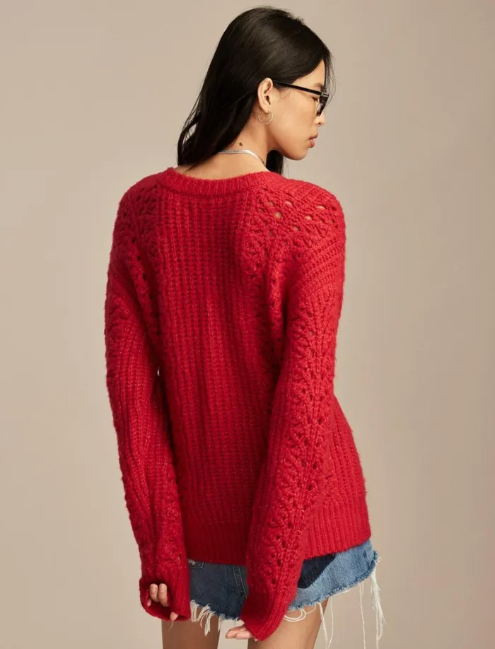 V Neck Pointelle Cable Pullover Sweater Jester Red Women Lucky Brand Sweaters and Sweatshirts