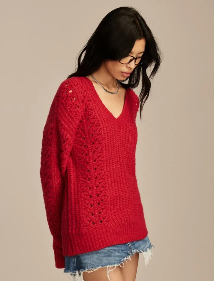 V Neck Pointelle Cable Pullover Sweater Jester Red Women Lucky Brand Sweaters and Sweatshirts