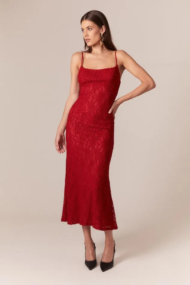 Women Bardot Day To Night Dresses Ruby Lace Midi Dress In Red