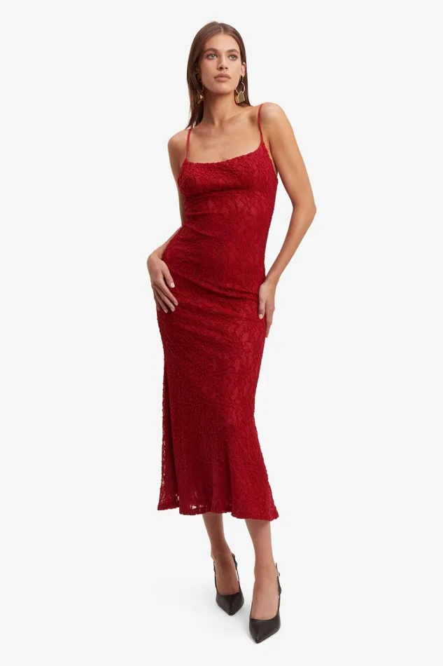 Women Bardot Day To Night Dresses Ruby Lace Midi Dress In Red Women Bardot Day To Night Dresses Ruby Lace Midi Dress In Red