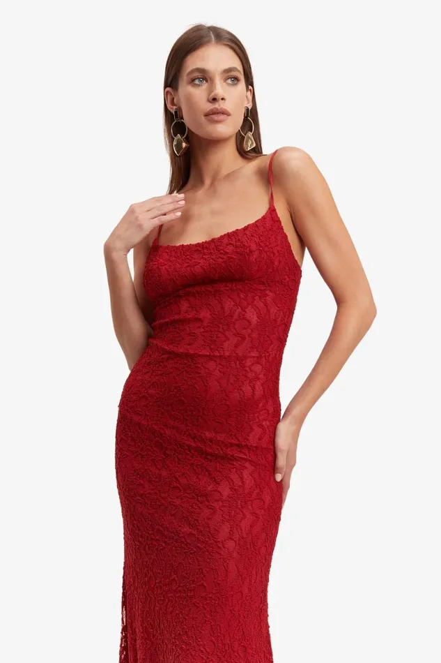 Women Bardot Day To Night Dresses Ruby Lace Midi Dress In Red Women Bardot Day To Night Dresses Ruby Lace Midi Dress In Red