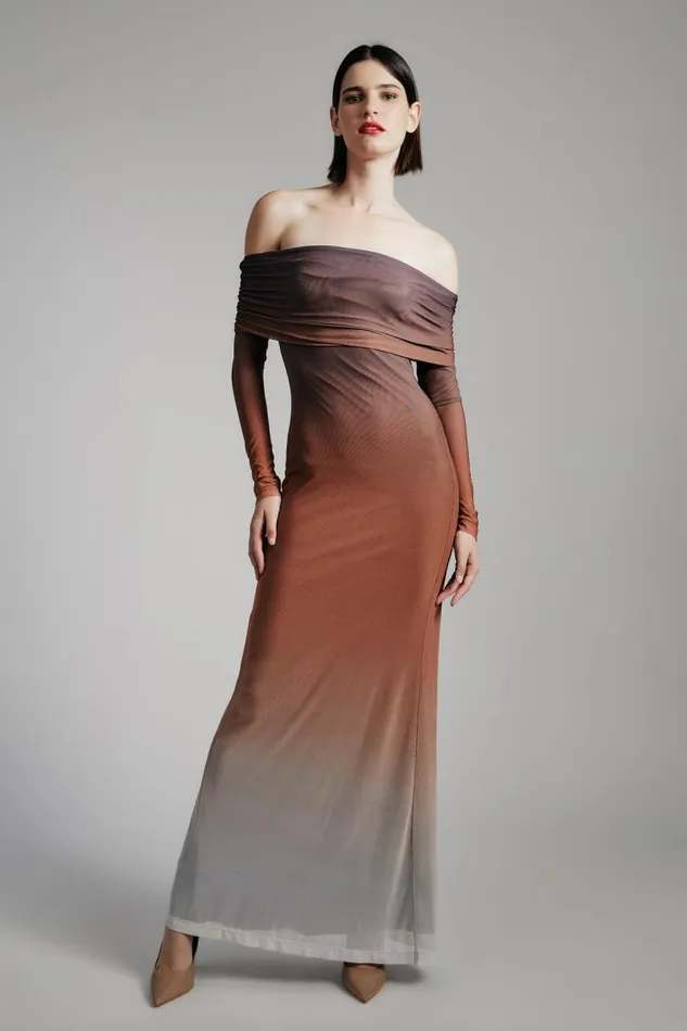 Women Bardot Day To Night Dresses Saphia Mesh Maxi Dress In Brown Ombre