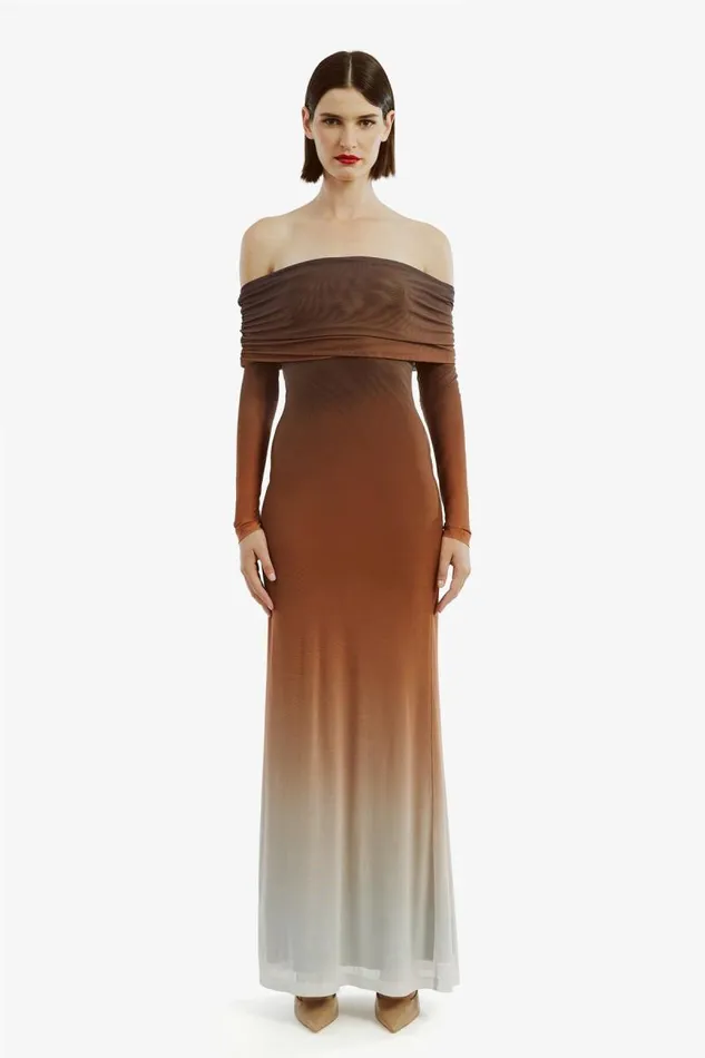 Women Bardot Day To Night Dresses Saphia Mesh Maxi Dress In Brown Ombre Women Bardot Day To Night Dresses Saphia Mesh Maxi Dress In Brown Ombre