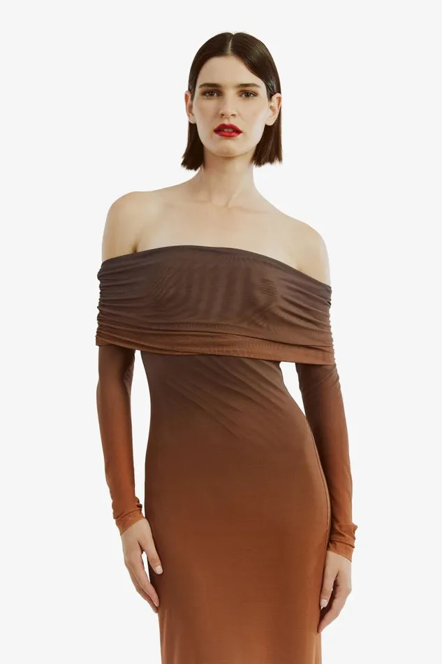 Women Bardot Day To Night Dresses Saphia Mesh Maxi Dress In Brown Ombre Women Bardot Day To Night Dresses Saphia Mesh Maxi Dress In Brown Ombre