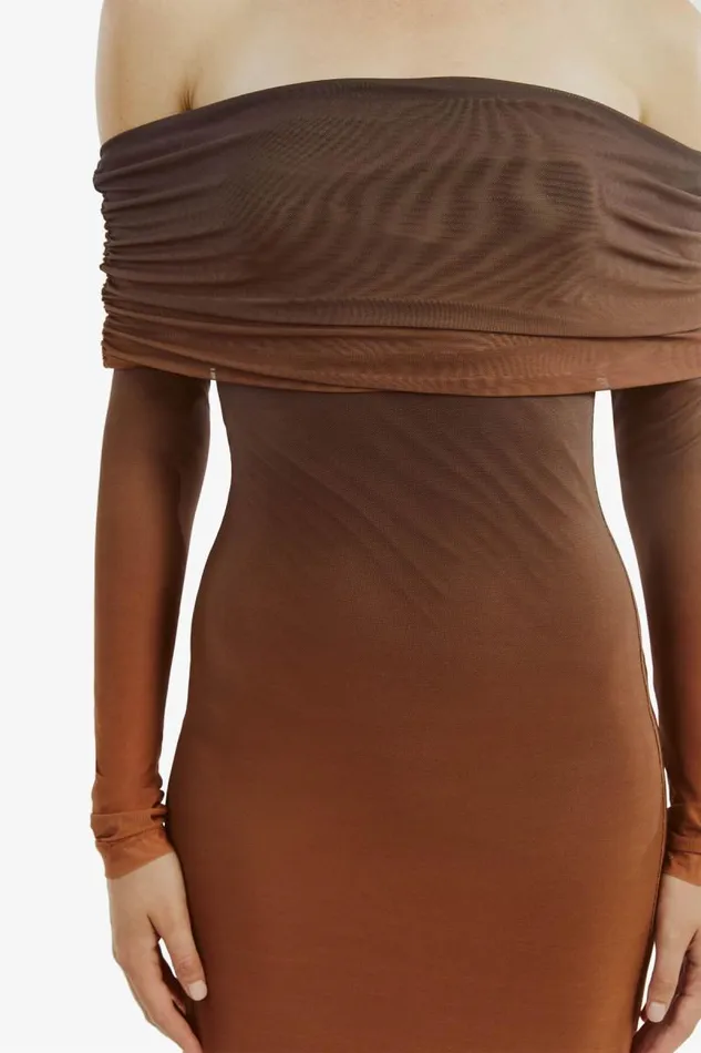 Women Bardot Day To Night Dresses Saphia Mesh Maxi Dress In Brown Ombre Women Bardot Day To Night Dresses Saphia Mesh Maxi Dress In Brown Ombre