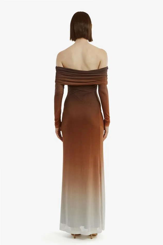 Women Bardot Day To Night Dresses Saphia Mesh Maxi Dress In Brown Ombre Women Bardot Day To Night Dresses Saphia Mesh Maxi Dress In Brown Ombre