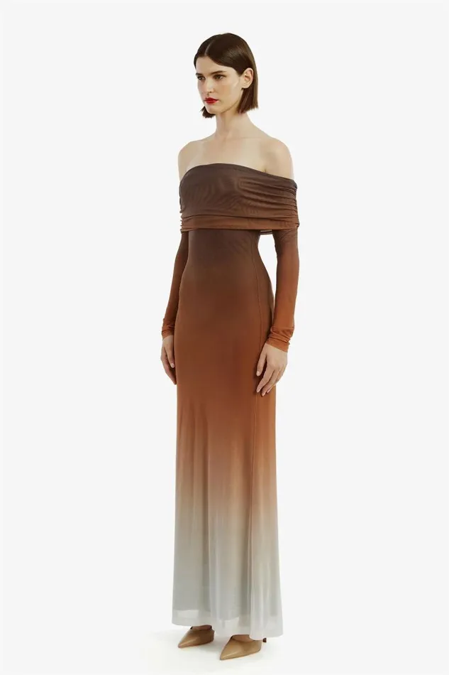 Women Bardot Day To Night Dresses Saphia Mesh Maxi Dress In Brown Ombre Women Bardot Day To Night Dresses Saphia Mesh Maxi Dress In Brown Ombre