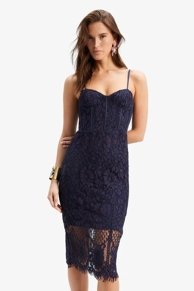 Women Bardot Occasion Dresses Florence Midi Lace Dress In Navy Women Bardot Occasion Dresses Florence Midi Lace Dress In Navy