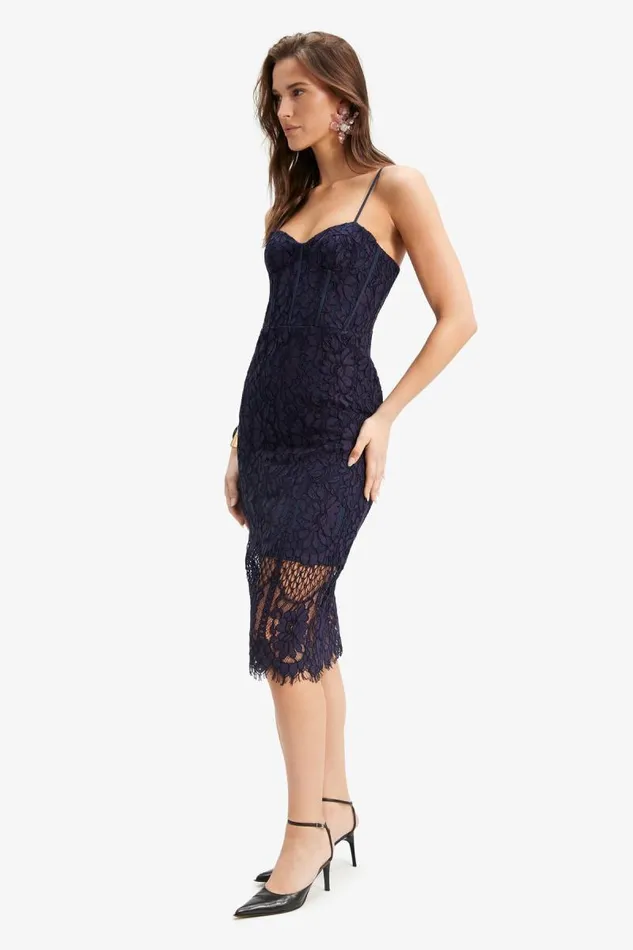 Women Bardot Occasion Dresses Florence Midi Lace Dress In Navy Women Bardot Occasion Dresses Florence Midi Lace Dress In Navy