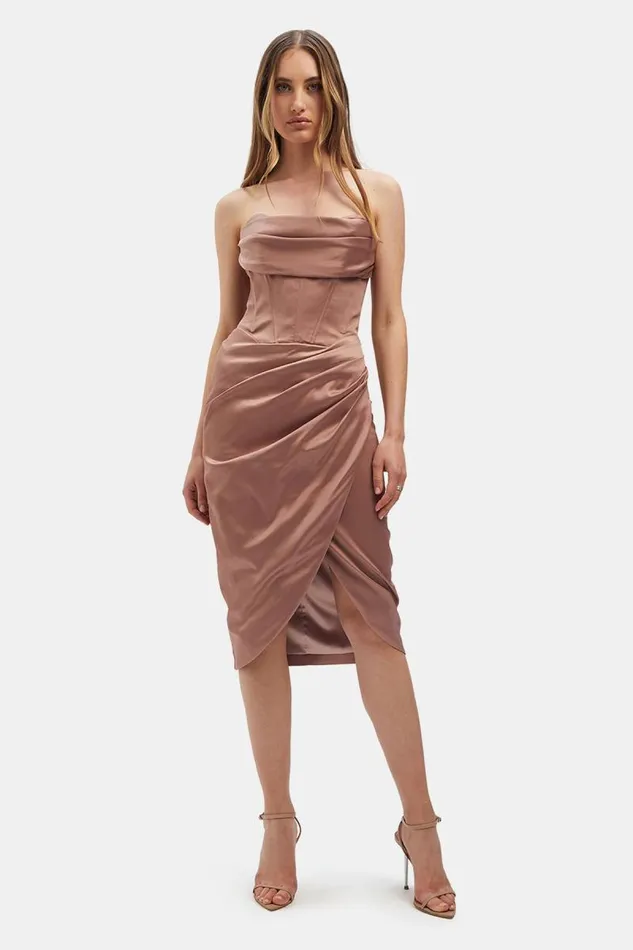 Women Bardot Occasion Dresses Jamila Corset Dress In Latte