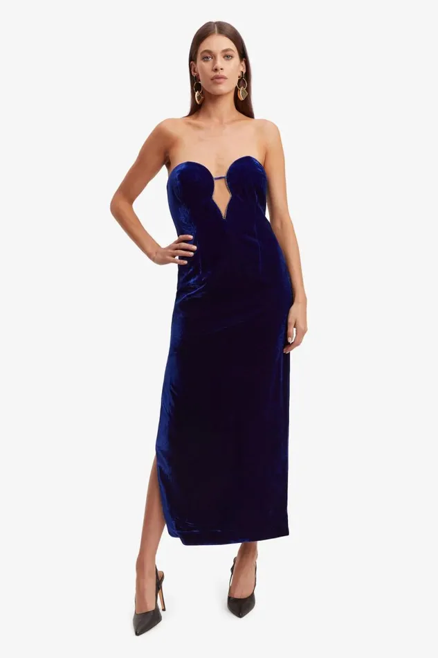 Women Bardot Party Dresses Lilah Velour Midi Dress In Vibrant Blue Women Bardot Party Dresses Lilah Velour Midi Dress In Vibrant Blue