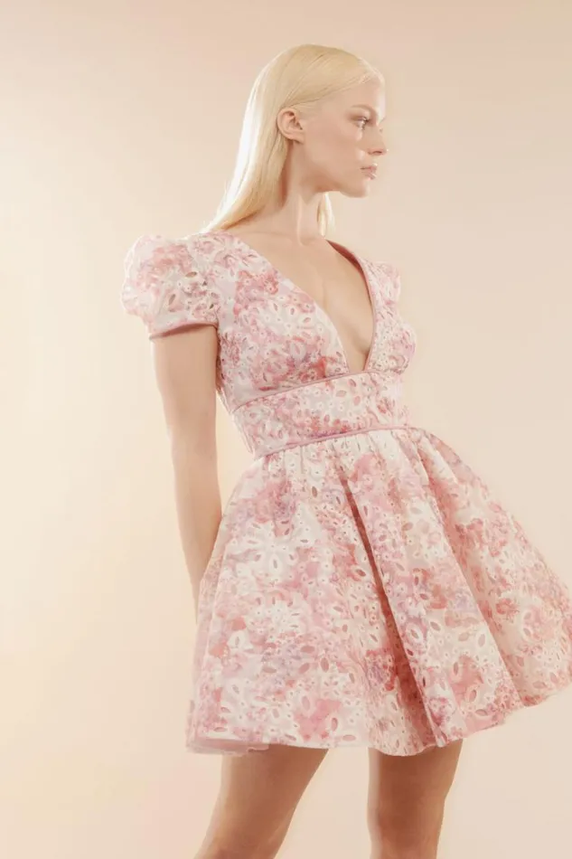 Women Bardot Party Dresses Tamarin Broderie Mini Dress In Pink Floral
