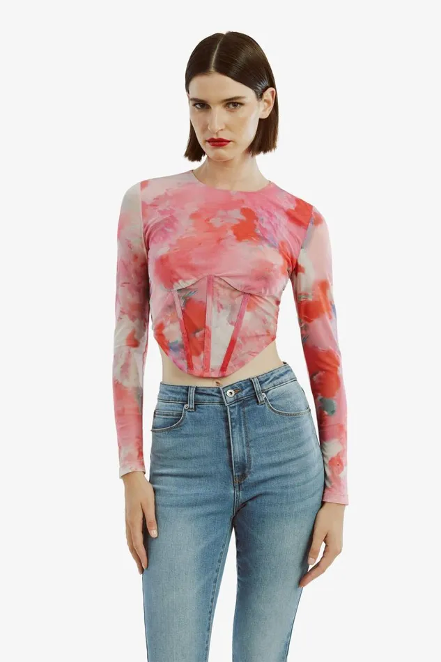 Women Bardot Party Tops Lena Mesh Corset Top In Wildflower Women Bardot Party Tops Lena Mesh Corset Top In Wildflower