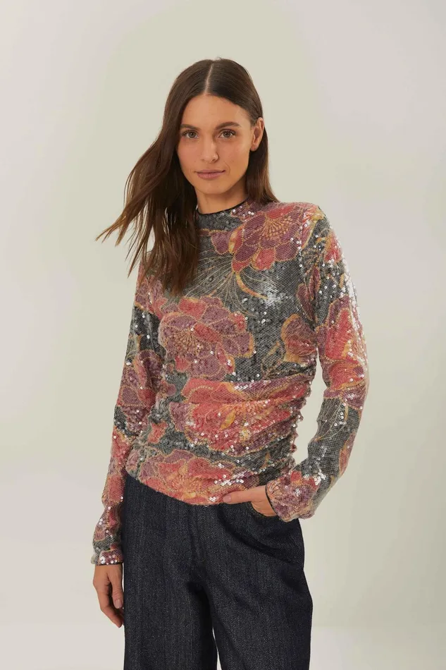 Women Blouses Farm Rio Black Shiny Chita Tulle Sequins Blouse