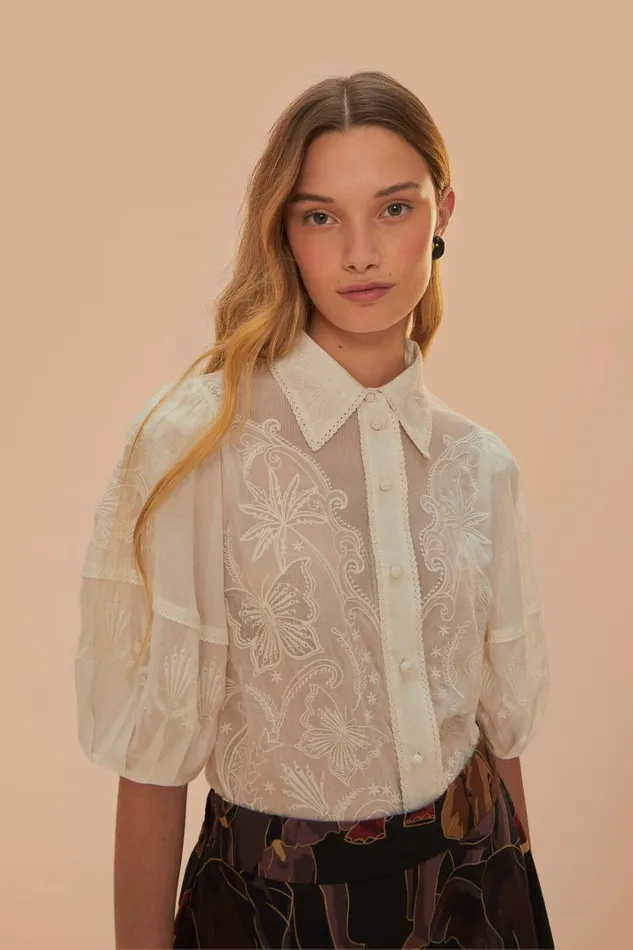 Women Blouses Farm Rio White Embroidered Short Sleeve Blouse