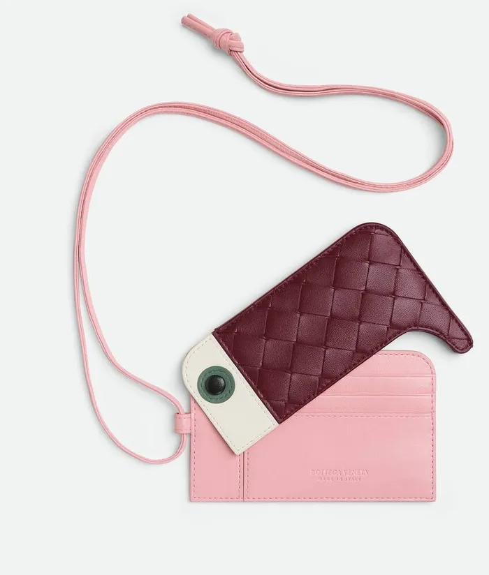 Women Bottega Veneta Card Cases Intrecciato Toucan Card Holder On Strap White Aloe Black Barolo Ribbon