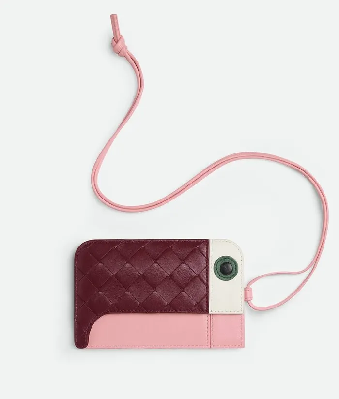 Women Bottega Veneta Card Cases Intrecciato Toucan Card Holder On Strap White Aloe Black Barolo Ribbon
