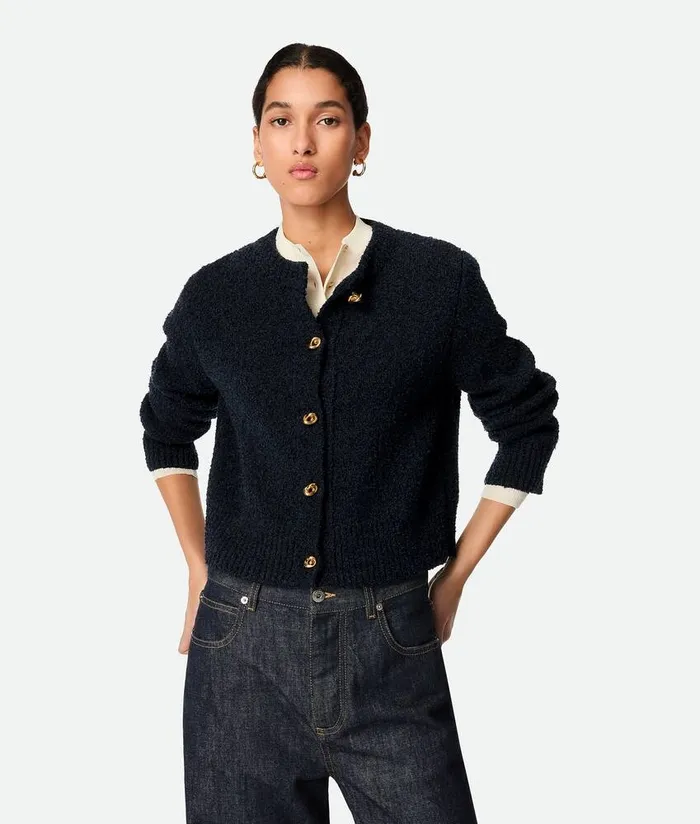 Women Bottega Veneta Knitwear Wool Boucle Cardigan Navy