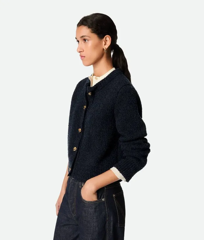 Women Bottega Veneta Knitwear Wool Boucle Cardigan Navy
