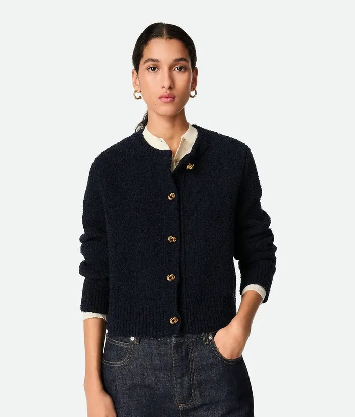 Women Bottega Veneta Knitwear Wool Boucle Cardigan Navy
