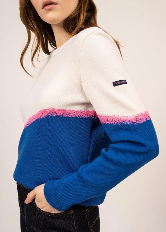 Women Breton Sweaters Saint James ESPELETTE Royal Blue Neon Pink White