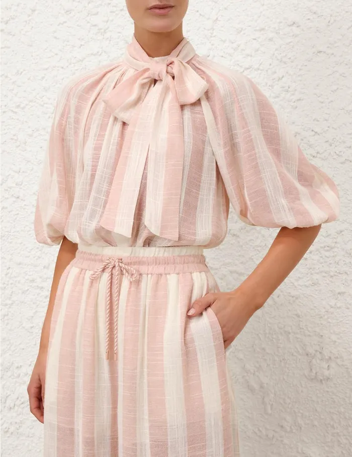 Women Clothing Zimmermann Acacia Blouson Shirt Pinkcream Stripe