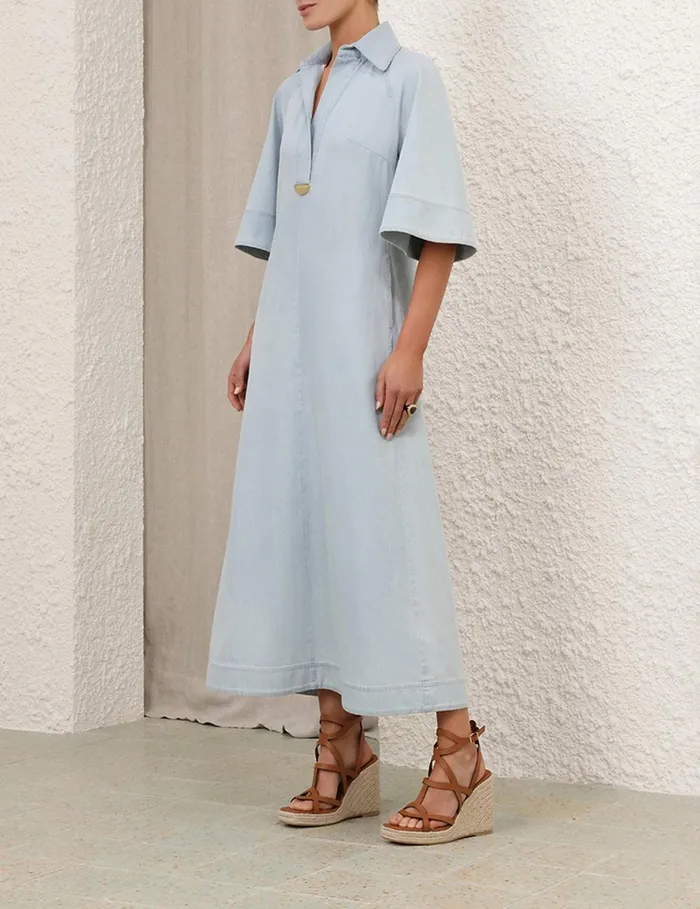 Women Clothing Zimmermann Acacia Denim Midi Dress Ice Storm