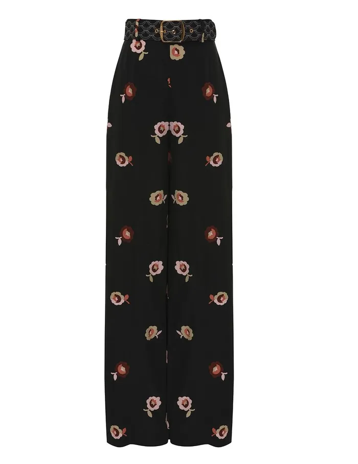Women Clothing Zimmermann Belted Wide Leg Pant Black Floral