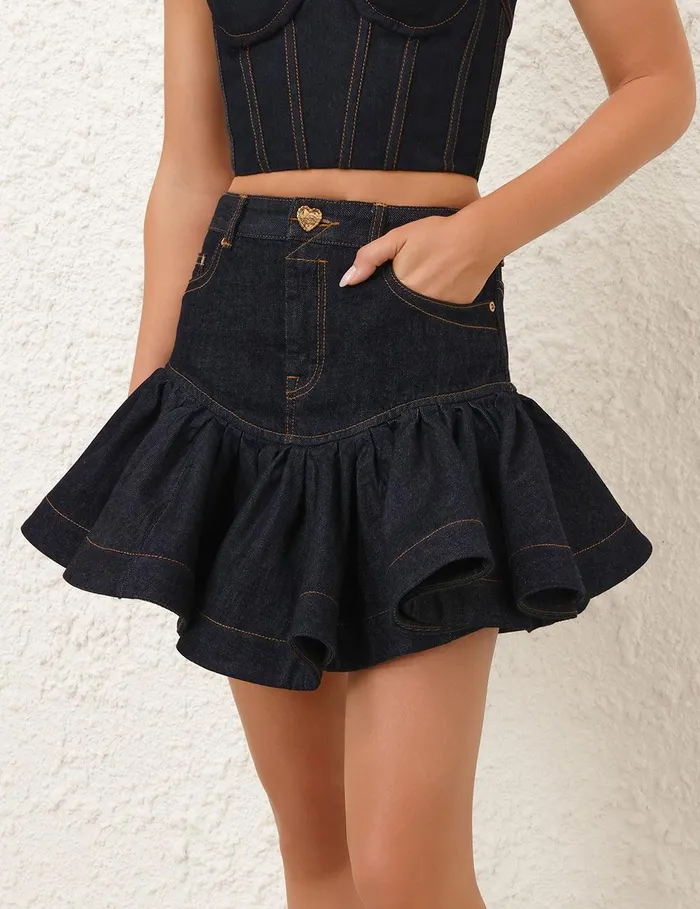 Women Clothing Zimmermann Crush Denim Frill Mini Skirt Night Sky