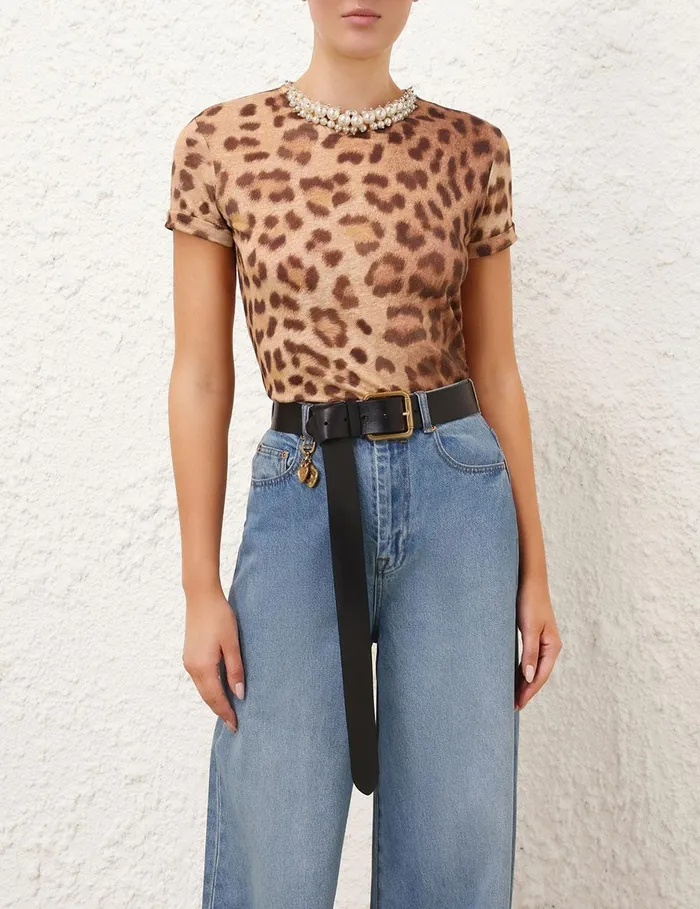 Women Clothing Zimmermann Crush Embellished Tee Dark Leopard