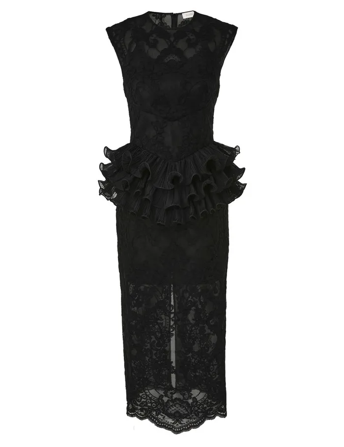 Women Clothing Zimmermann Crush Lace Frill Midi Dress Black